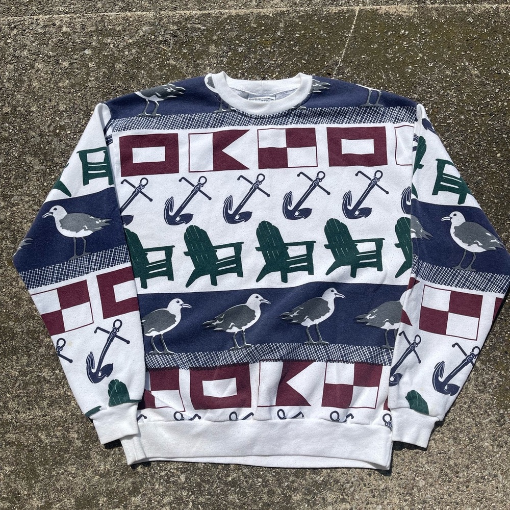 Vintage Michigan Rag Co Summer Nautical Patterned Men's Sweatshirt Multicolor
